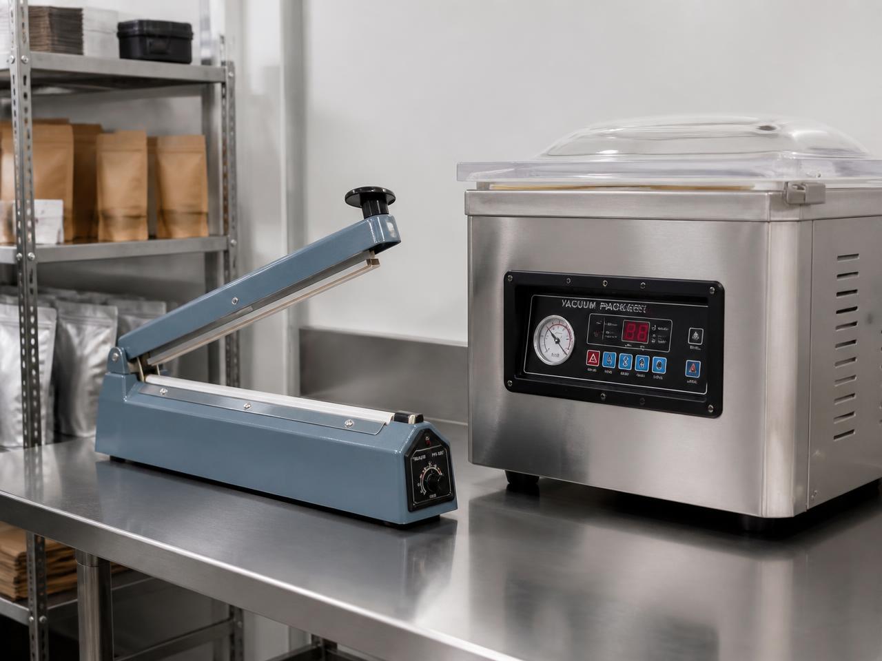 Impulse heat sealer and vacuum chamber sealing machine on a stainless steel bench
