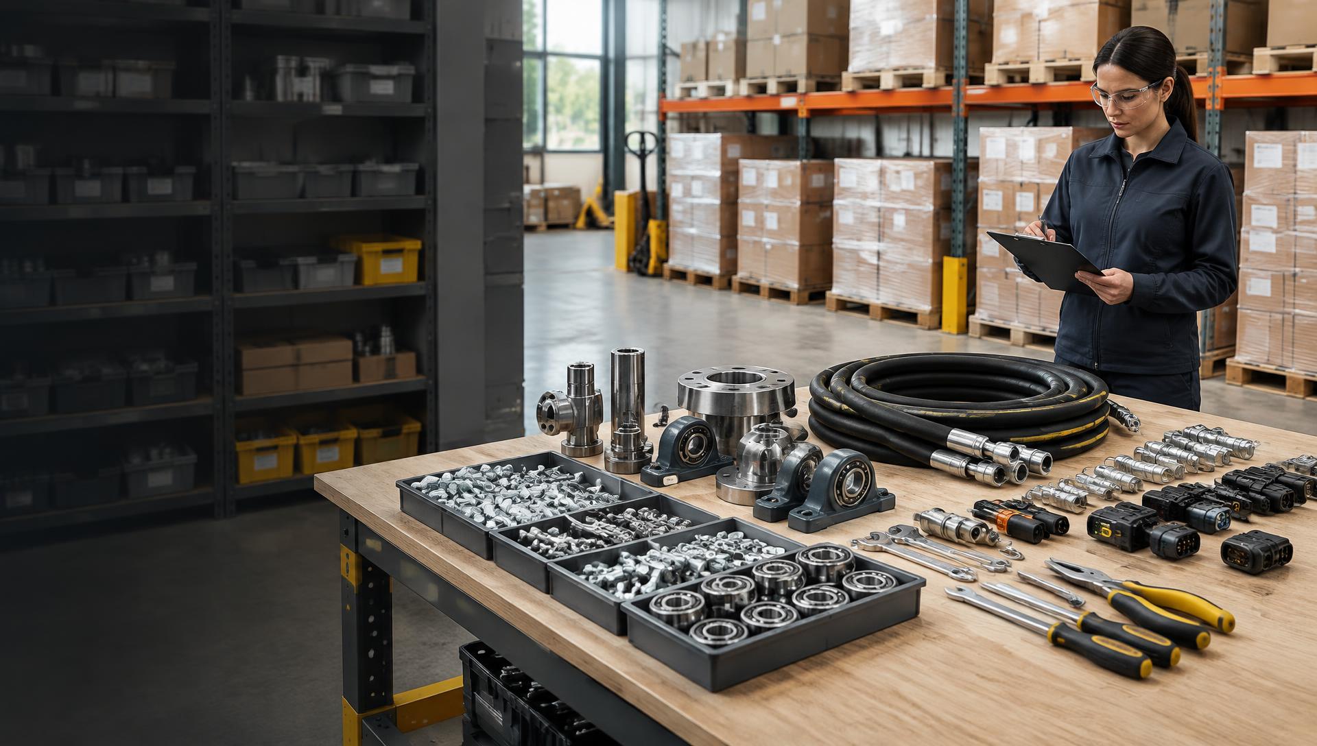 Industrial components, fasteners and tools arranged for product review in a warehouse