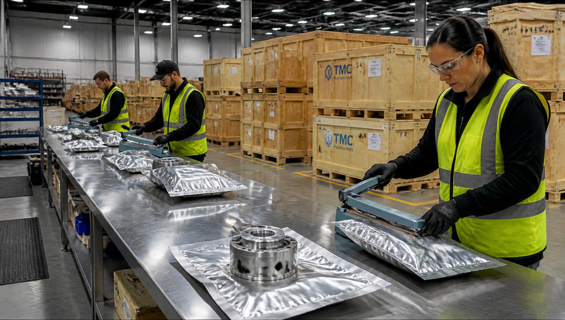Packaging technicians heat-sealing barrier bags around machined components in a military packaging facility