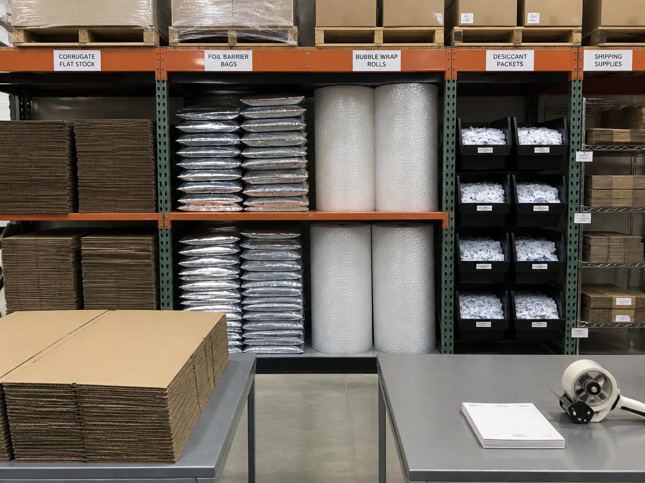 Shelving of flat corrugated cartons, foil barrier bags, cushioning rolls and desiccant packets staged for a run