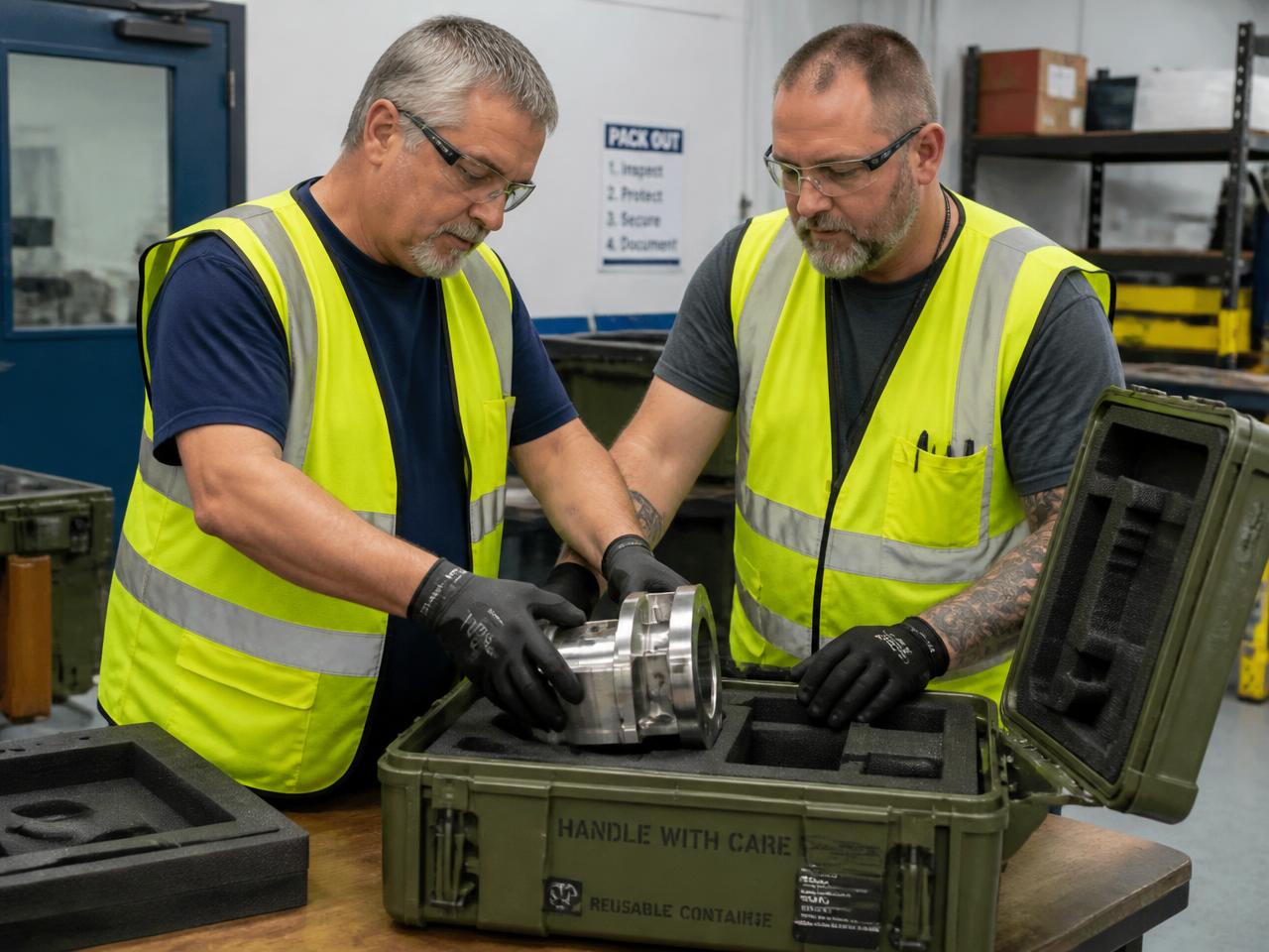 Two packaging technicians placing a machined component into a foam-cushioned reusable container